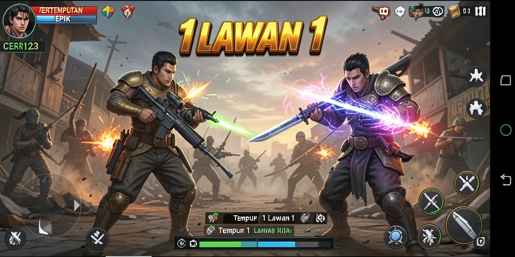 Screenshot utama CERI123 menampilkan aksi Tempur 1 Lawan 1 yang mendebarkan.