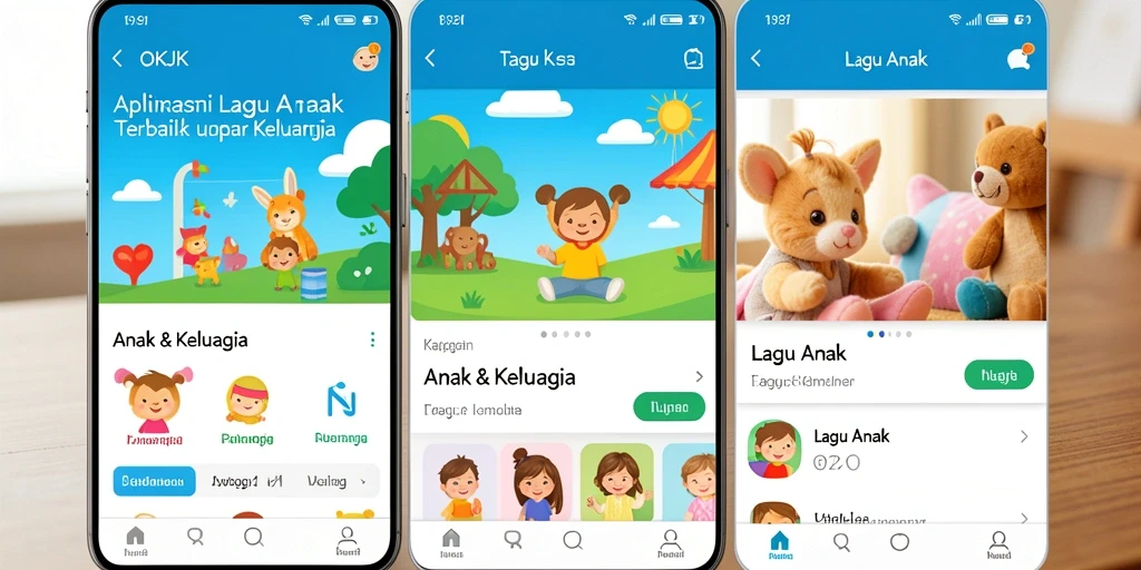 Antarmuka aplikasi OKJK yang ceria dan mudah digunakan untuk lagu anak.